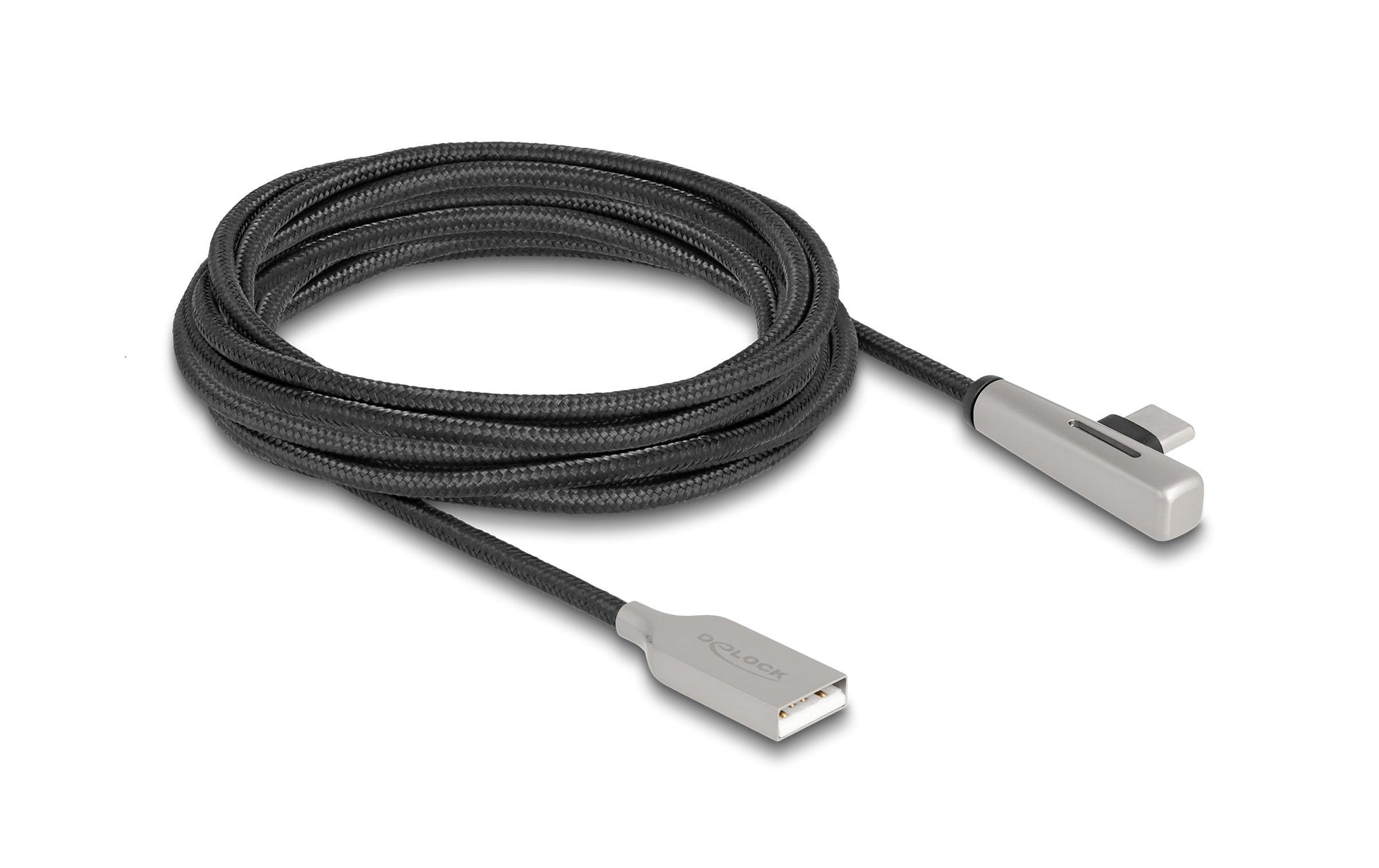 DeLOCK USB-A auf USB-C Kabel – USB 2.0 – 3 m – PD 60 W – Abgewinkelt, Textilmantel – Schwarz/Silber