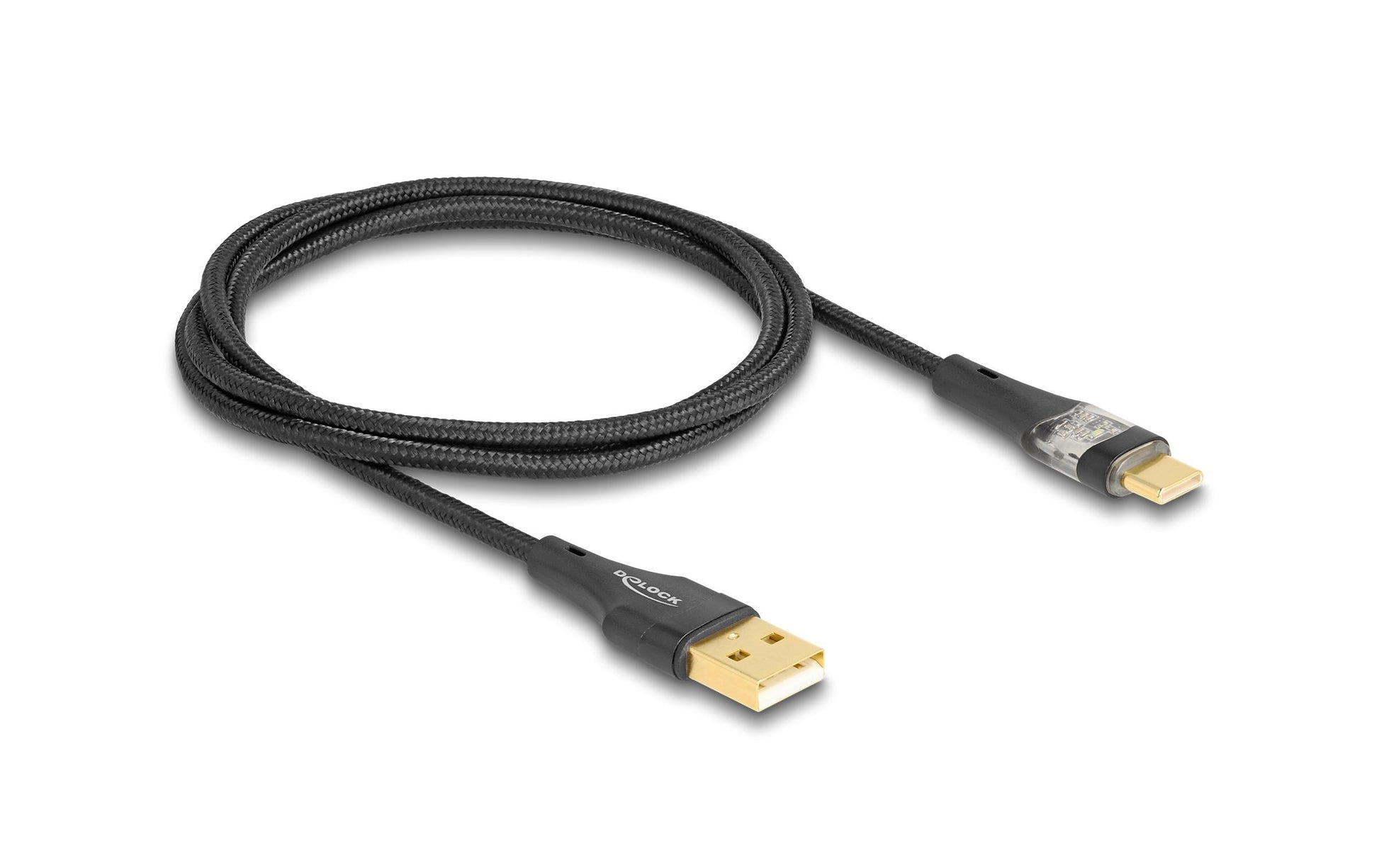 DeLOCK USB-A auf USB-C Kabel – USB 2.0 (480 Mbit/s) – 1 m – PD 60 W – Textilmantel, Leuchtend – Schwarz