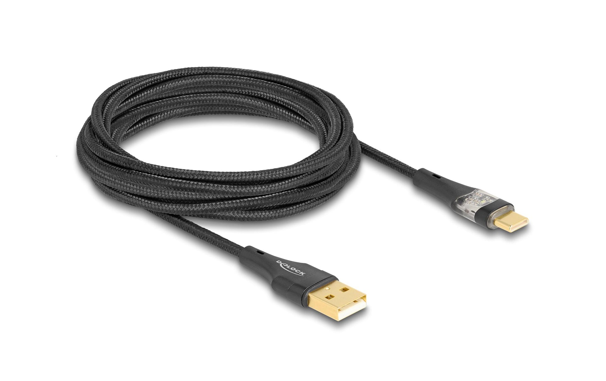 DeLOCK USB-A auf USB-C Kabel – USB 2.0 (480 Mbit/s) – 3 m – PD 60 W – Textilmantel, leuchtend – Schwarz
