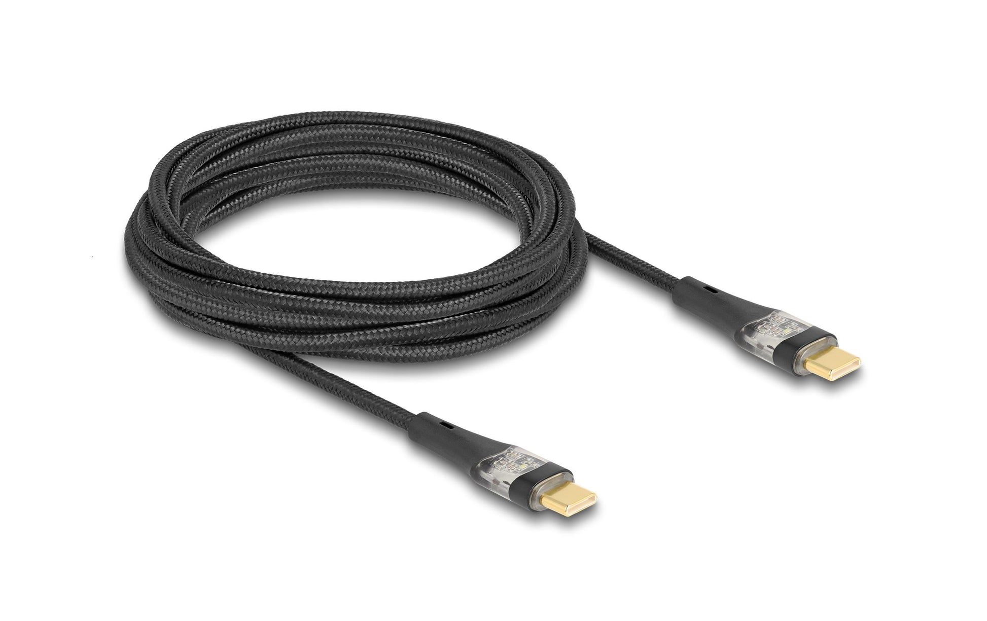 DeLOCK USB-C auf USB-C Kabel – USB 2.0 (480 Mbit/s) – 3 m – PD 100 W – Textilmantel, Leuchtend – Schwarz
