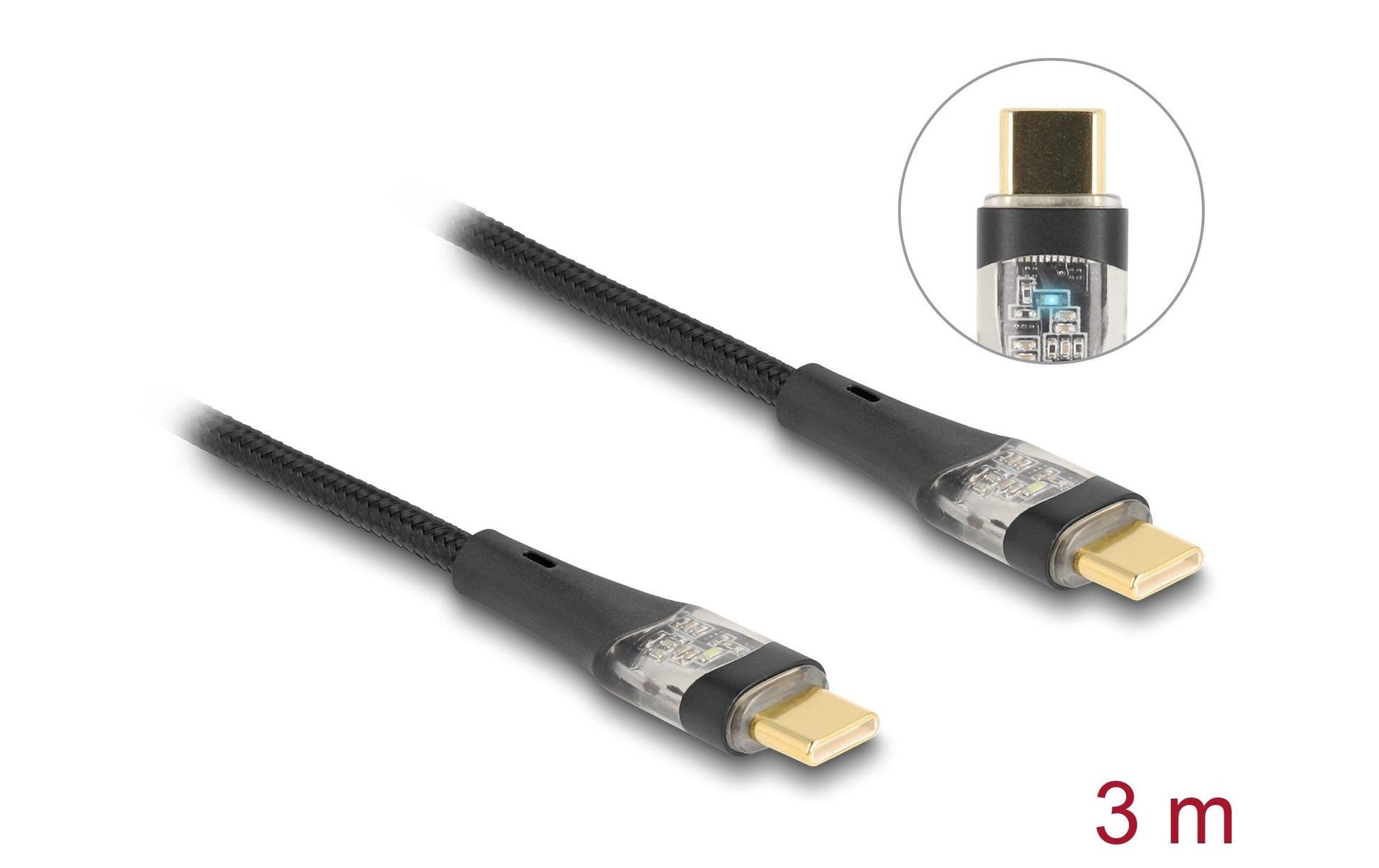 DeLOCK USB-C auf USB-C Kabel – USB 2.0 (480 Mbit/s) – 3 m – PD 100 W – Textilmantel, Leuchtend – Schwarz