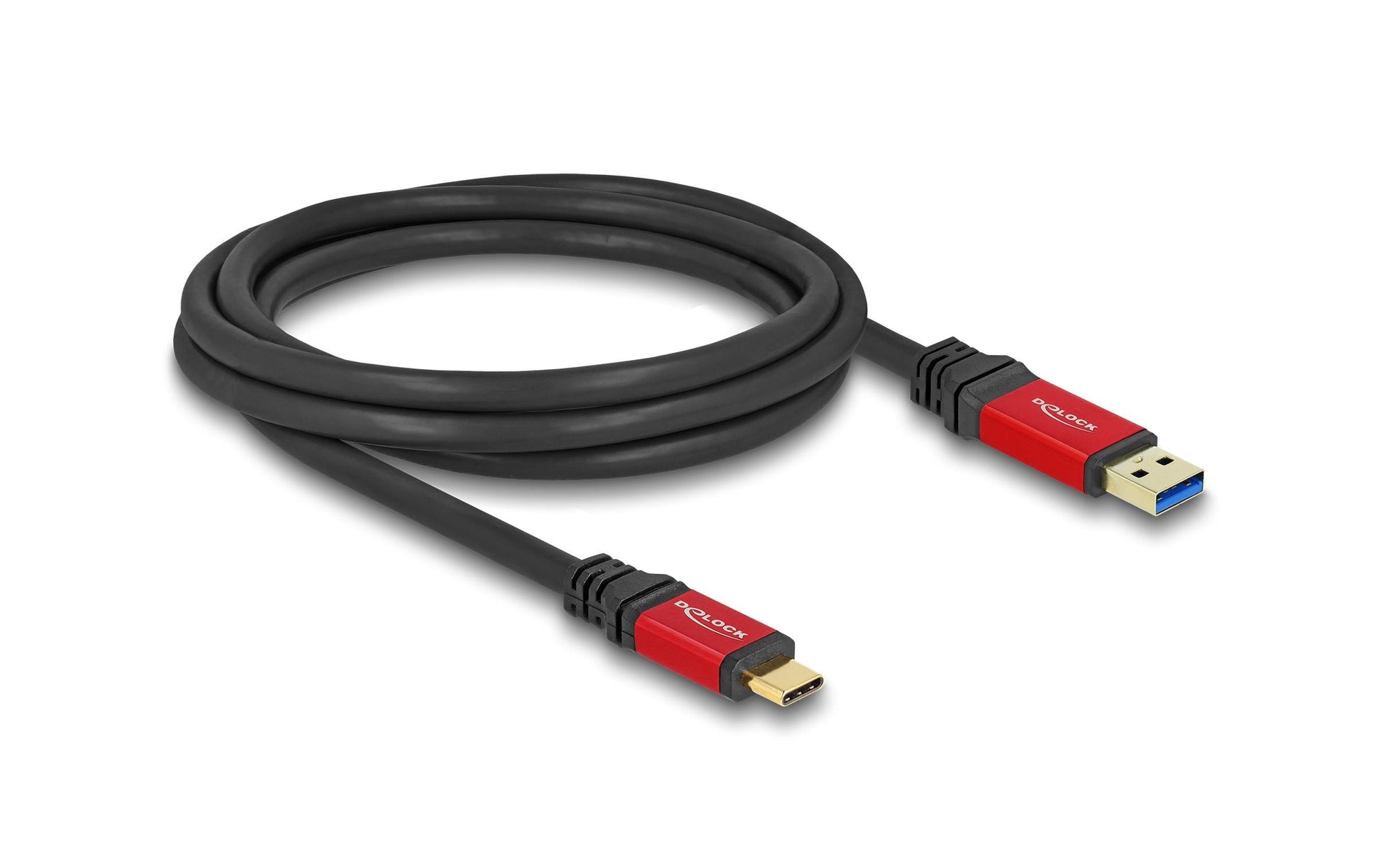 DeLOCK USB-A auf USB-C Kabel – USB 3.2 Gen 2 (10 Gbit/s) – 2 m – Metallverstärkt, Goldstecker – Schwarz/Rot