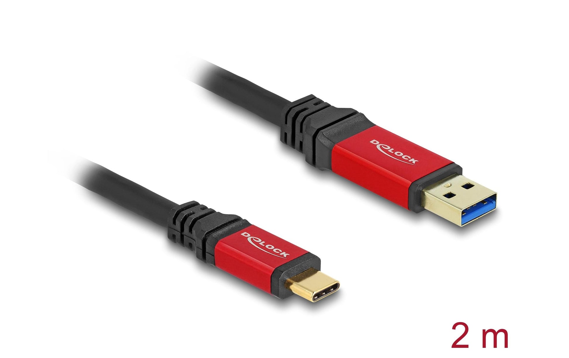DeLOCK USB-A auf USB-C Kabel – USB 3.2 Gen 2 (10 Gbit/s) – 2 m – Metallverstärkt, Goldstecker – Schwarz/Rot