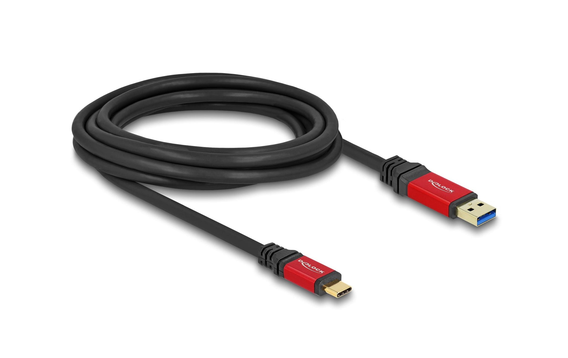 DeLOCK USB-A auf USB-C Kabel – USB 3.2 Gen 2 (10 Gbit/s) – 3 m – Metallverstärkt, Goldstecker – Schwarz/Rot