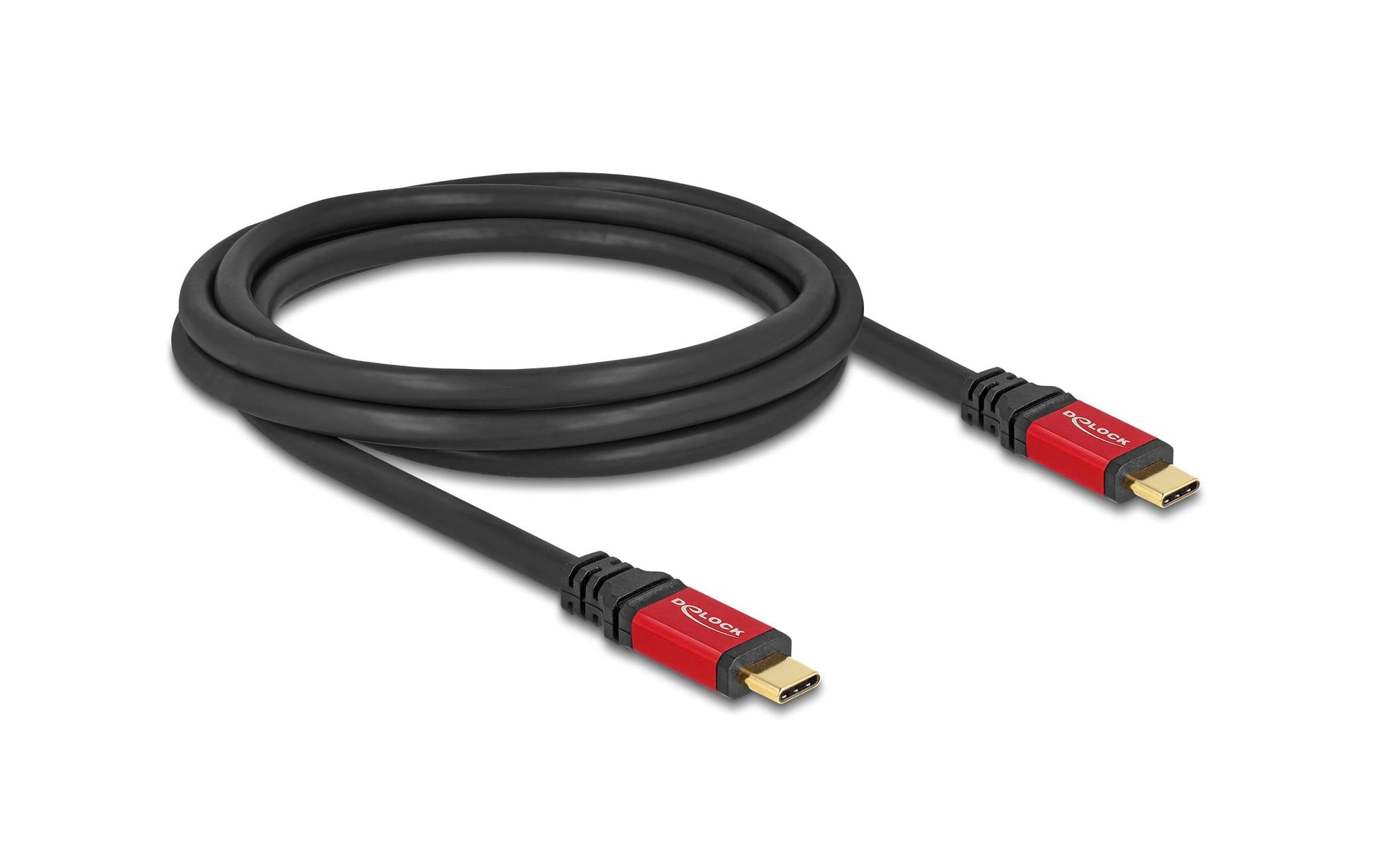 DeLOCK USB-C auf USB-C Kabel – USB 2.0 (480 Mbit/s) – 2 m – PD 100 W – E-Marker, Goldstecker – Schwarz/Rot