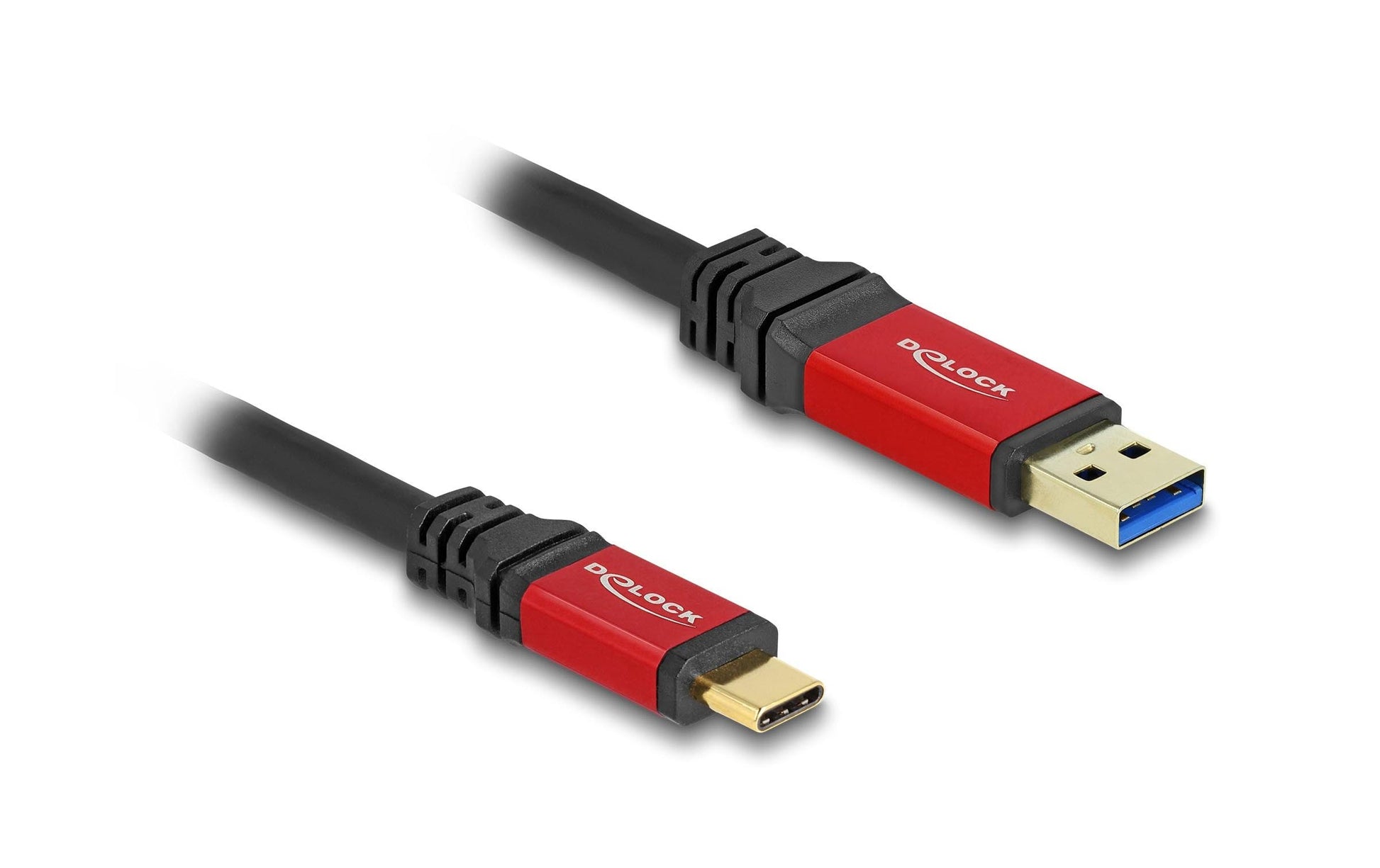 DeLOCK USB-A auf USB-C Kabel – USB 3.2 Gen 2 (10 Gbit/s) – 3 m – Metallverstärkt, Goldstecker – Schwarz/Rot