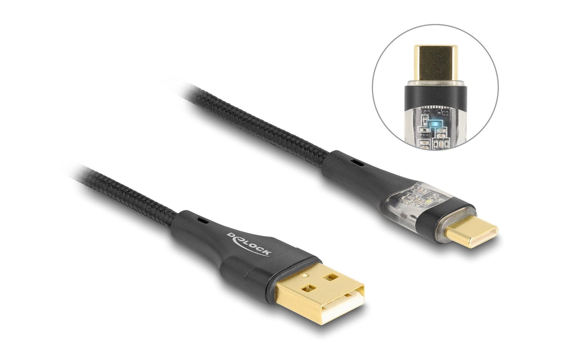 DeLOCK USB-A auf USB-C Kabel – USB 2.0 (480 Mbit/s) – 2 m – PD 60 W – Textilmantel – Schwarz
