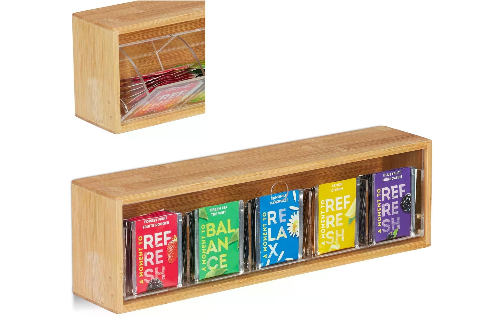 Relaxdays Teebeutelbox Bambus/Kunststoff, 5 Fächer, 39 × 8 × 11,5 cm, natur