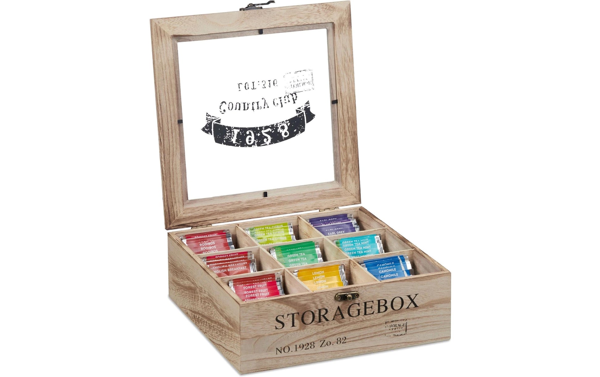 Relaxdays Teebeutelbox Holz, 9 Fächer, 24 × 25 × 9 cm