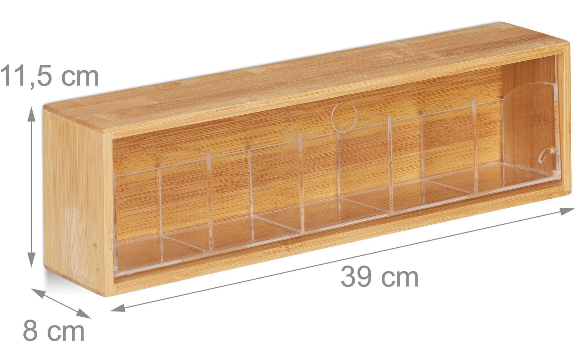 Relaxdays Teebeutelbox Bambus/Kunststoff, 5 Fächer, 39 × 8 × 11,5 cm, natur