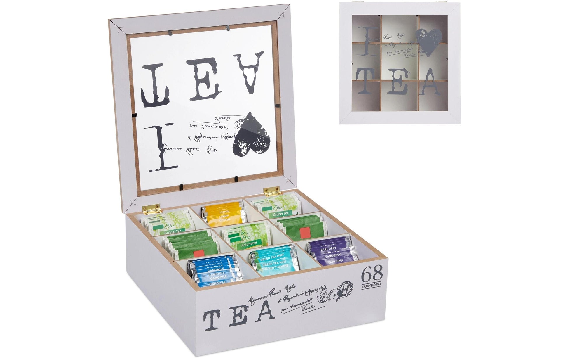 Relaxdays Teebeutelbox Acryl/MDF, 9 Fächer, 25 × 25 × 9 cm, Grau/Weiss