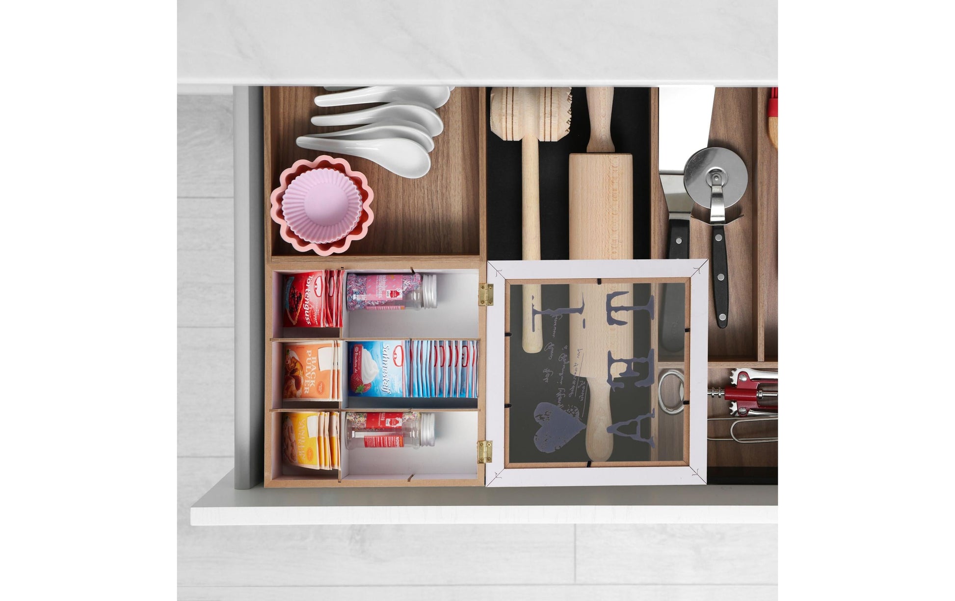 Relaxdays Teebeutelbox Acryl/MDF, 9 Fächer, 25 × 25 × 9 cm, Grau/Weiss