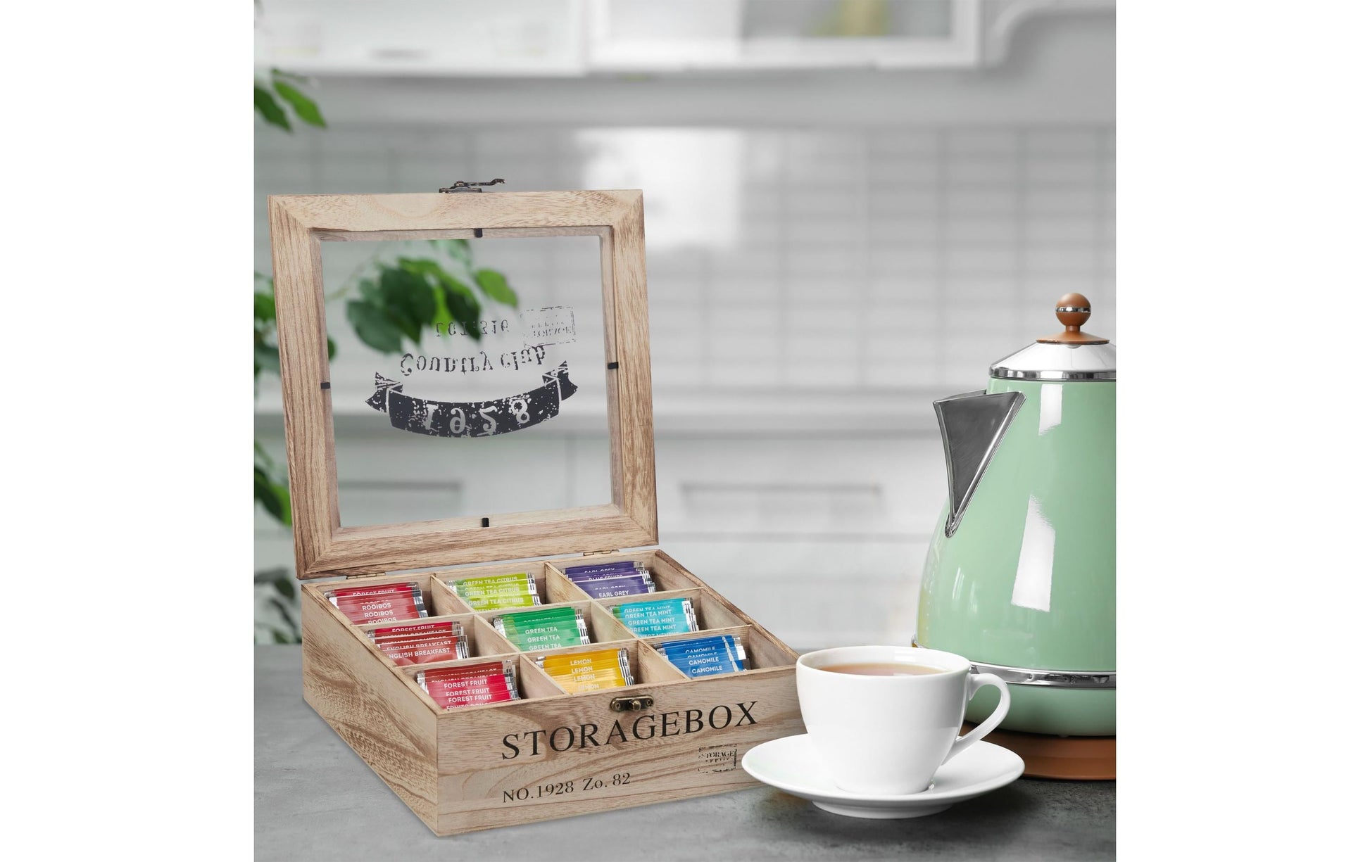 Relaxdays Teebeutelbox Holz, 9 Fächer, 24 × 25 × 9 cm