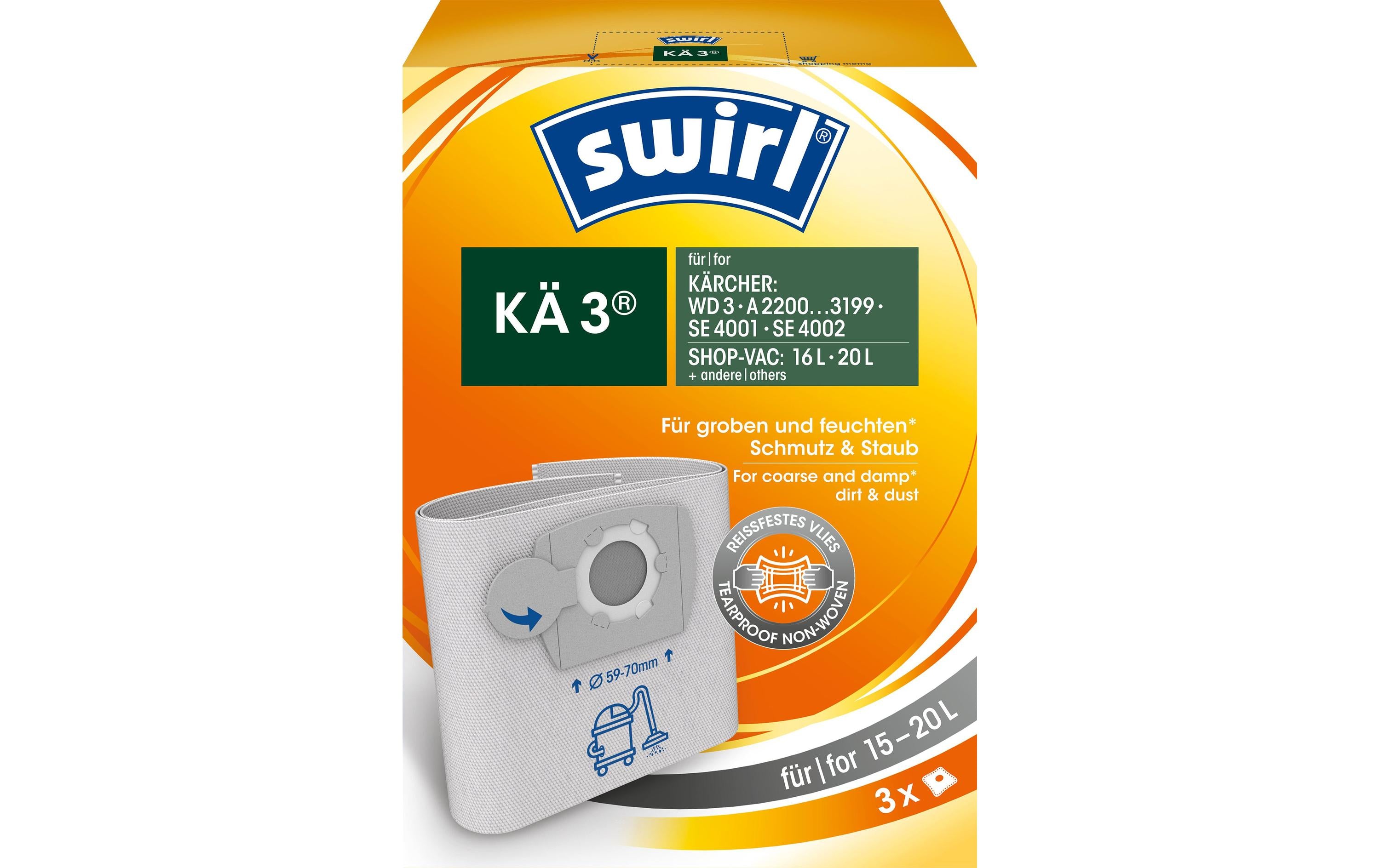 Swirl Staubbeutel KÄ3 224074 – 3 Stück, für Kärcher WD 3A/SE 4001/SE 4002