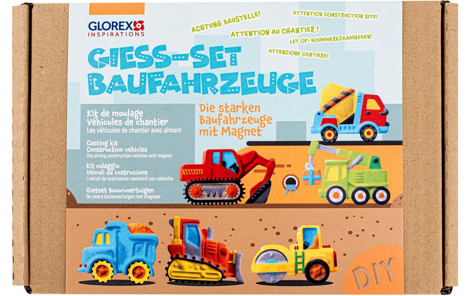 Glorex – Giessharz-/Resin-Set Baufahrzeuge – 6 Motive, 6 Acrylfarben – ab 6 Jahren – lufttrocknend
