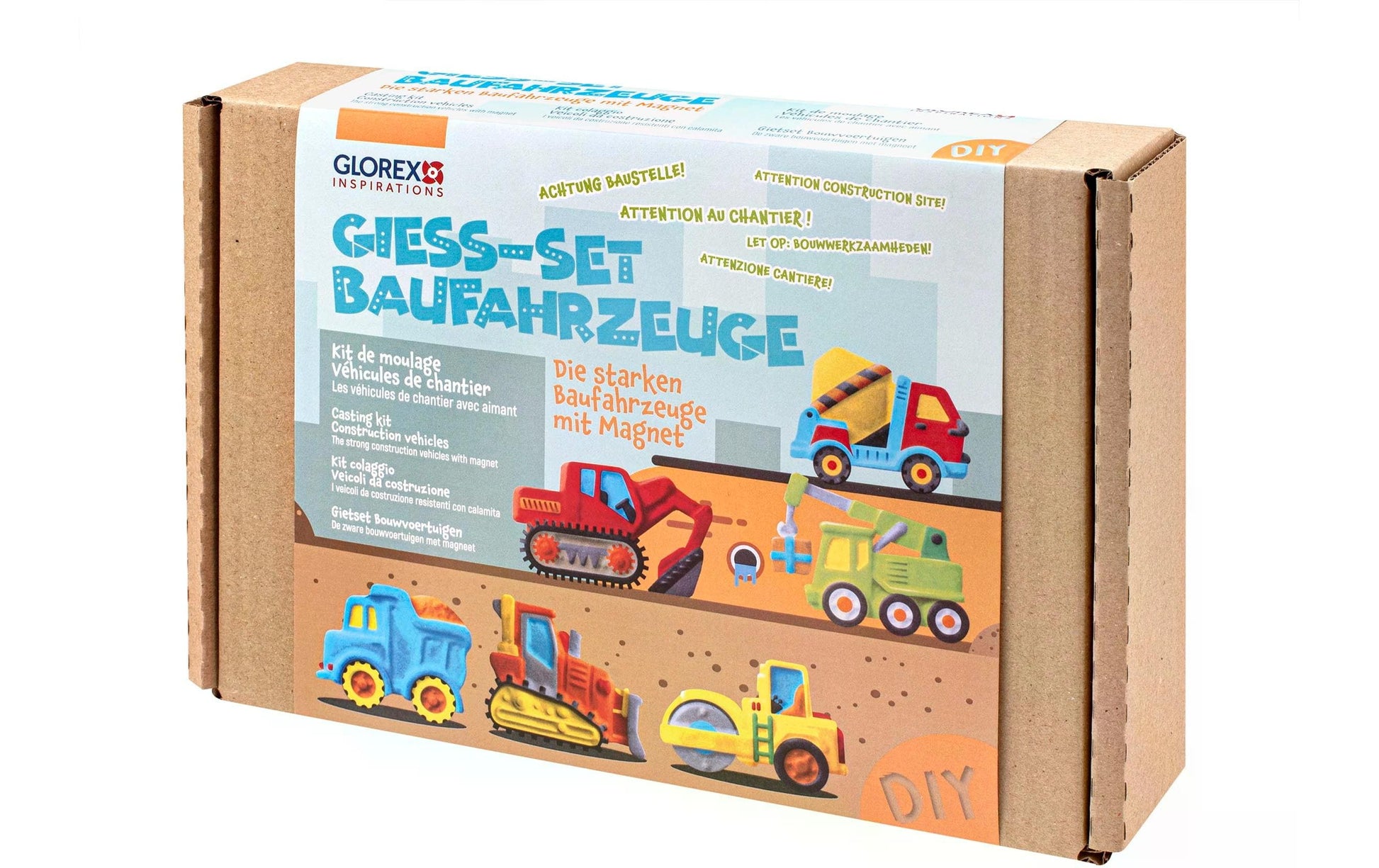 Glorex – Giessharz-/Resin-Set Baufahrzeuge – 6 Motive, 6 Acrylfarben – ab 6 Jahren – lufttrocknend