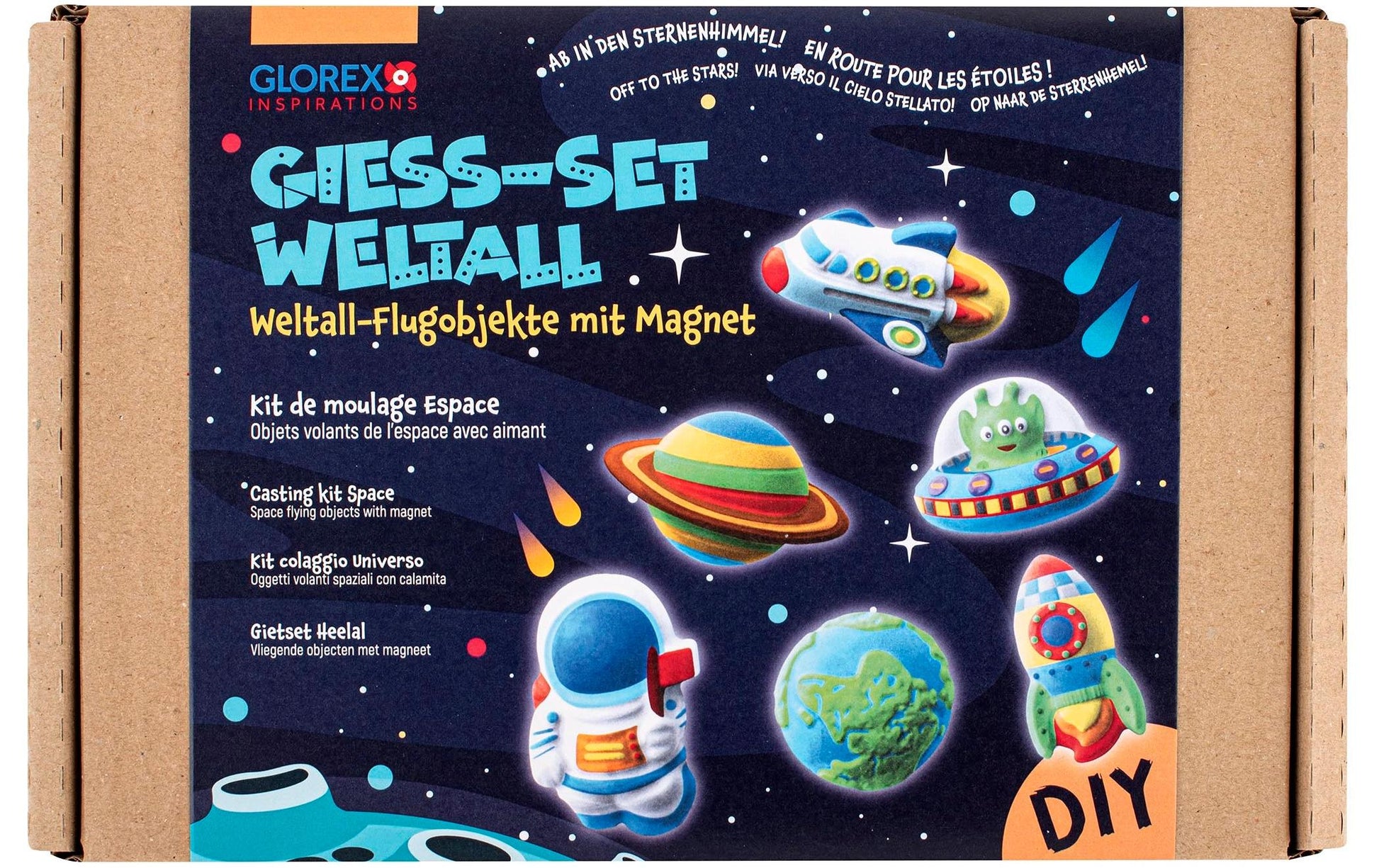Glorex – Giess-Set Weltall – 6 Motive, 6 Acrylfarben mit Pinsel – lufthärtend – ab 6 Jahren