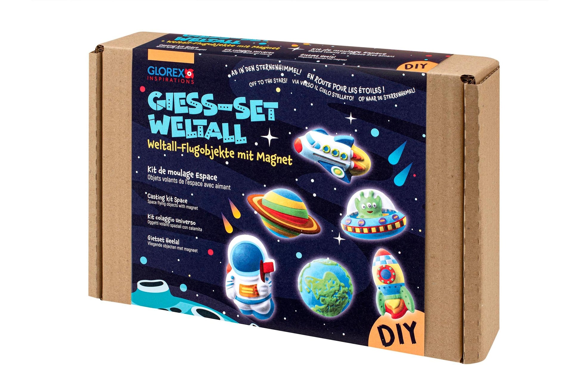 Glorex – Giess-Set Weltall – 6 Motive, 6 Acrylfarben mit Pinsel – lufthärtend – ab 6 Jahren