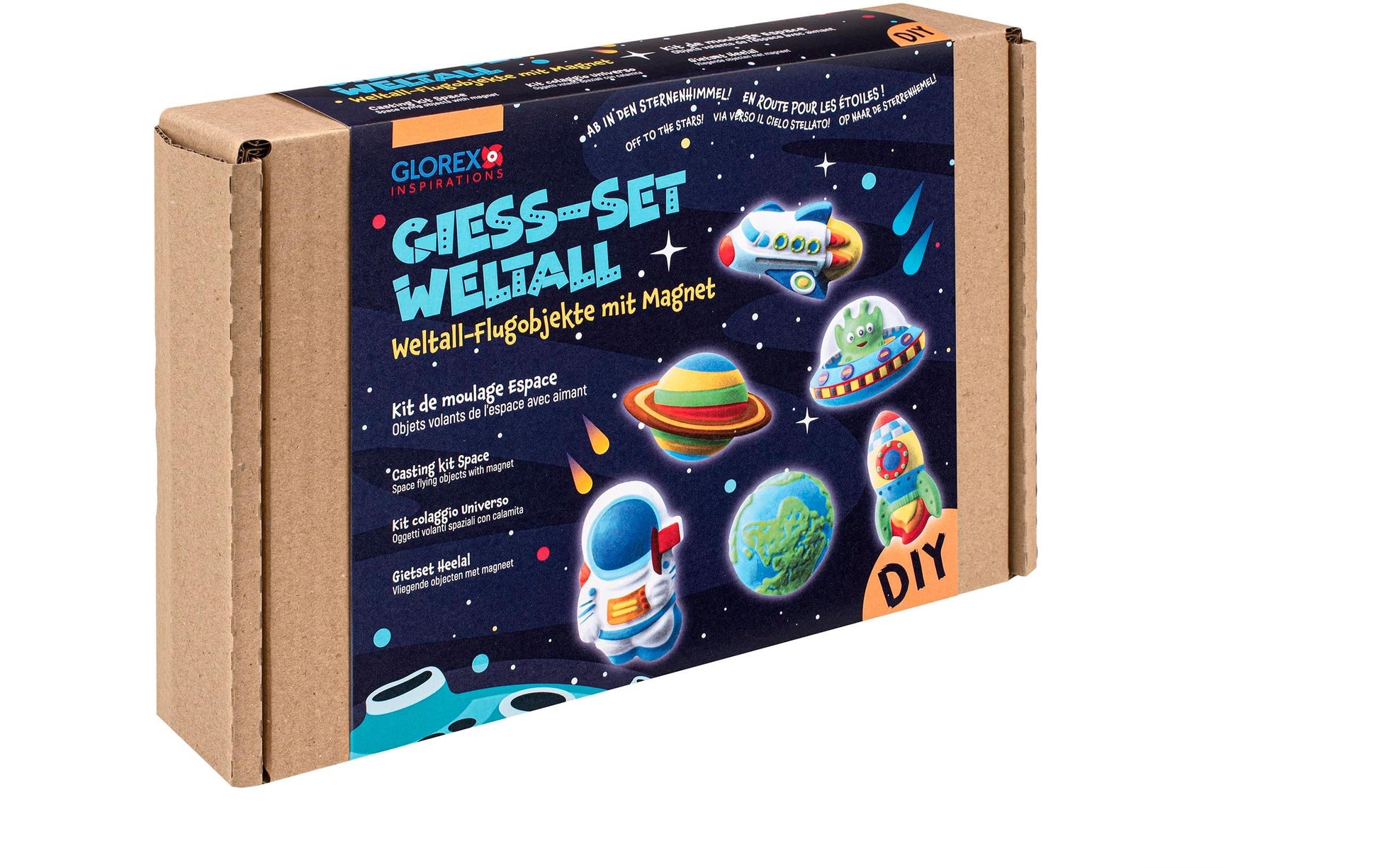 Glorex – Giess-Set Weltall – 6 Motive, 6 Acrylfarben mit Pinsel – lufthärtend – ab 6 Jahren