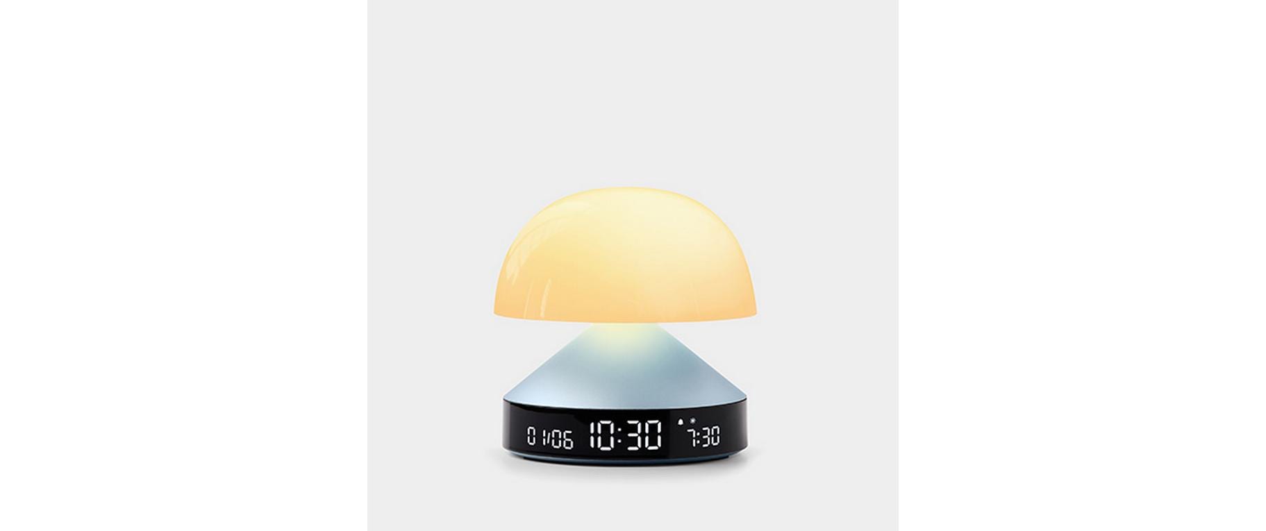 Lexon Lichtwecker Mina Sunrise – digital – 11 × 11 cm, hellblau, Aluminium, USB, Wecktöne