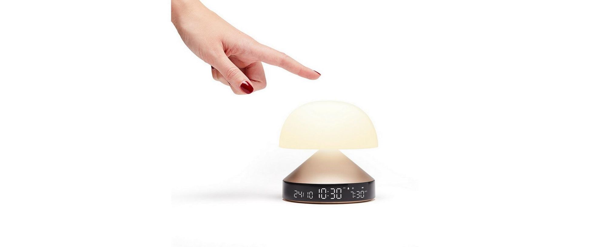 LEXON Lichtwecker Mina Sunrise – digital – 11 × 11 cm, gold, Aluminium, USB, 5 Wecktöne