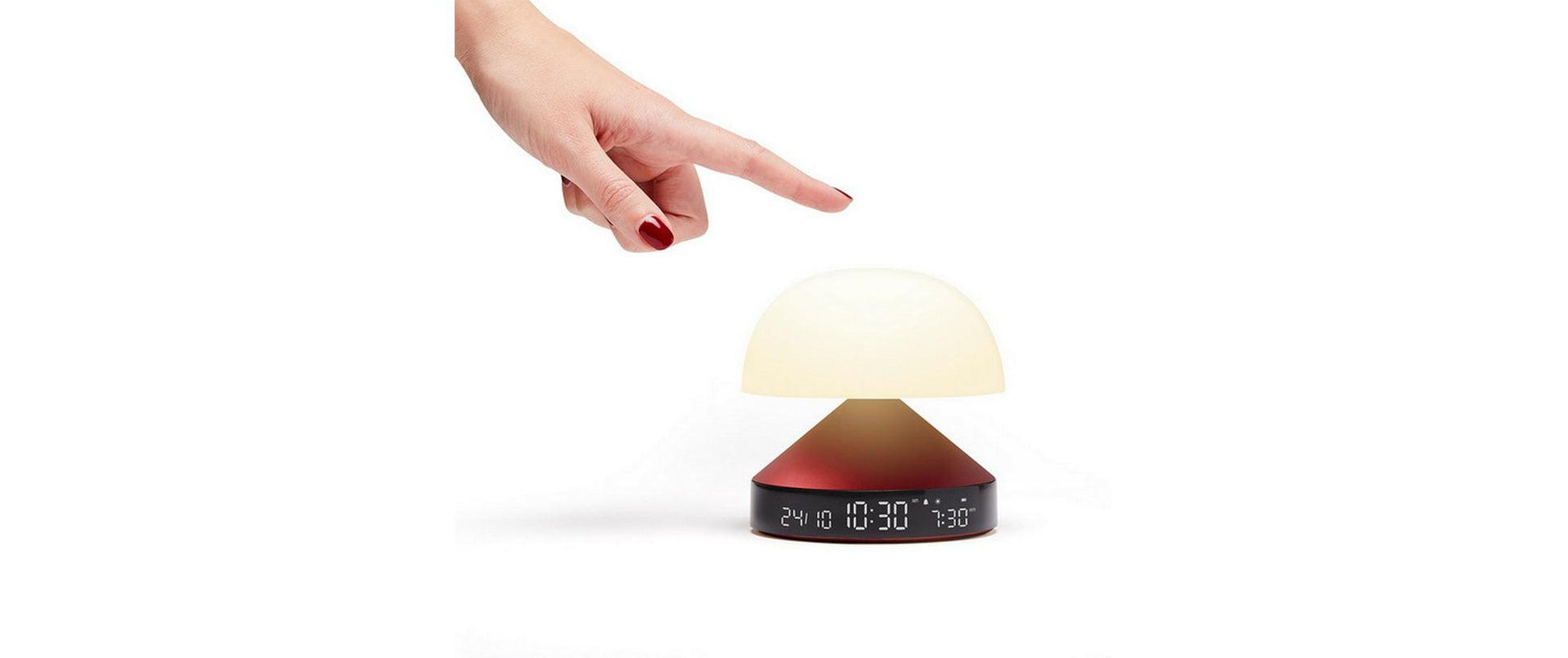 Lexon Lichtwecker Mina Sunrise – digital – 11 × 11 cm, weinrot, Aluminium, USB, Wecktöne