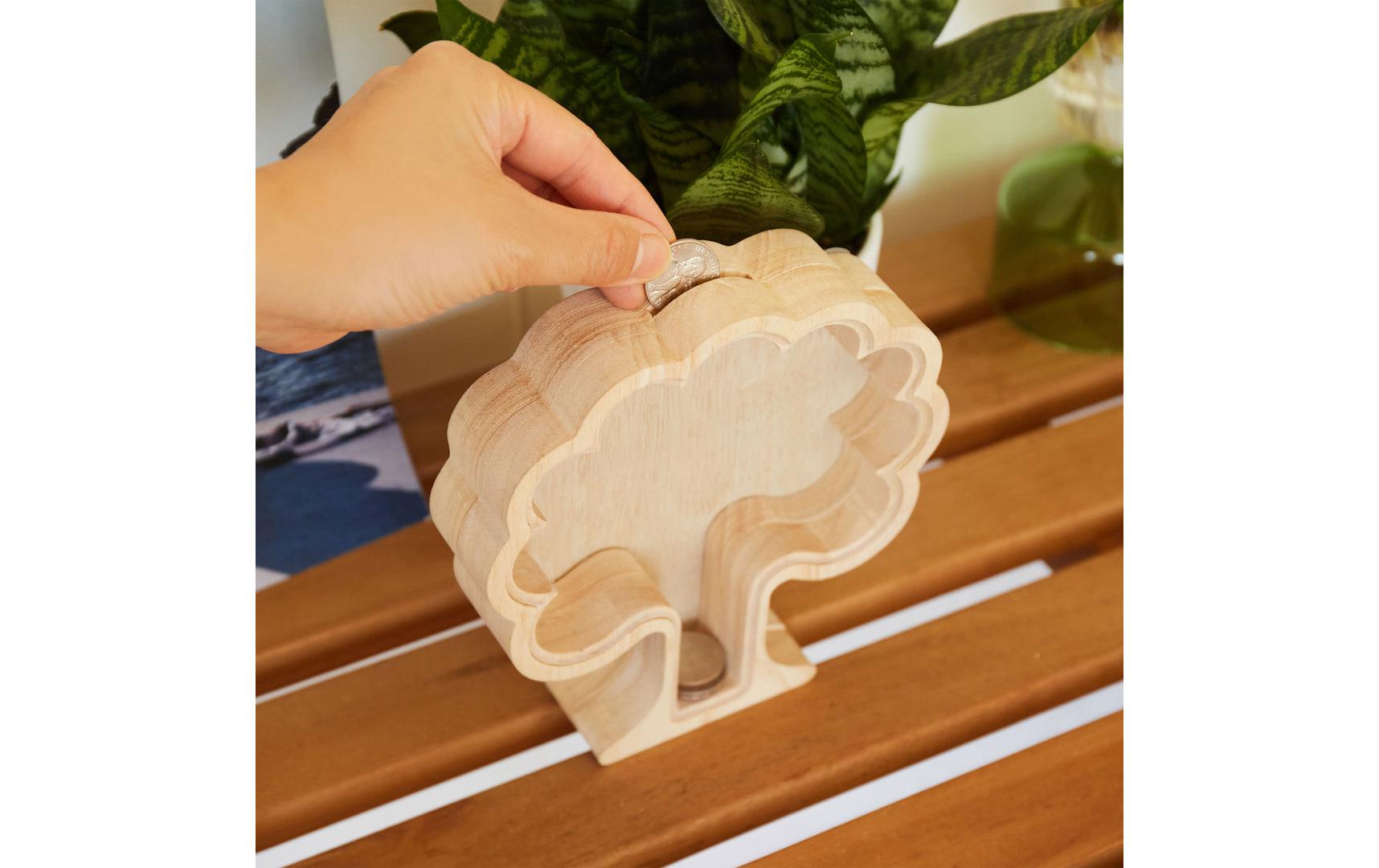 Kikkerland Spardose Baum – Mischholz & MDF & Acryl & Metall, natur – 19 × 17,1 × 5 cm