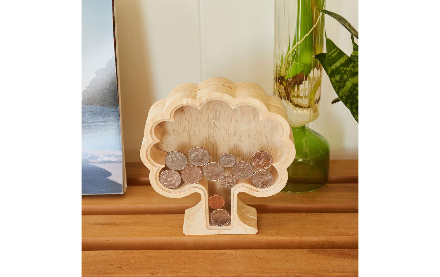 Kikkerland Spardose Baum – Mischholz & MDF & Acryl & Metall, natur – 19 × 17,1 × 5 cm