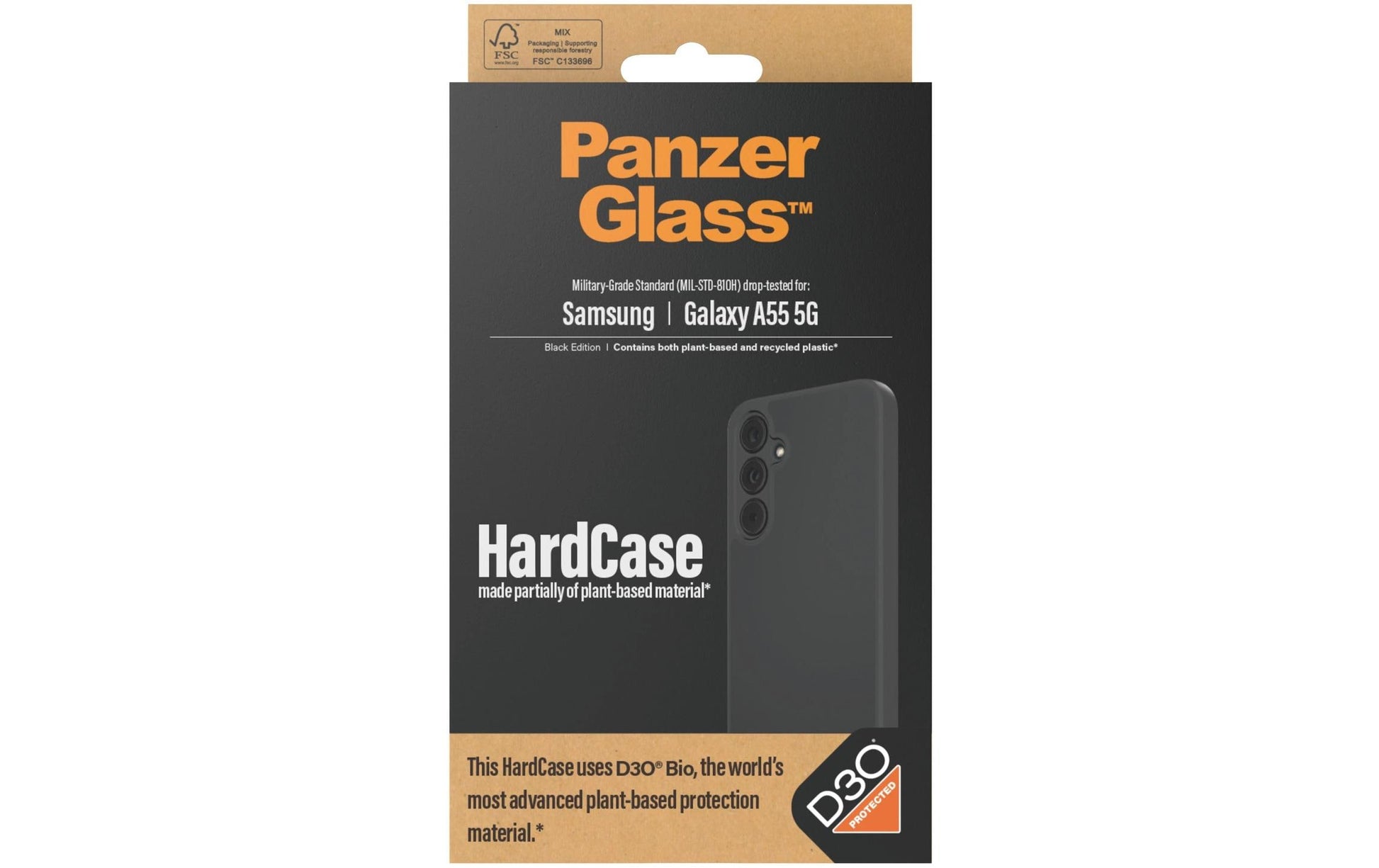 PanzerGlass Hardcase – Backcover – für Samsung Galaxy A55 5G, Gehärtetes Glas+PET+Silikon, Schwarz, D3O