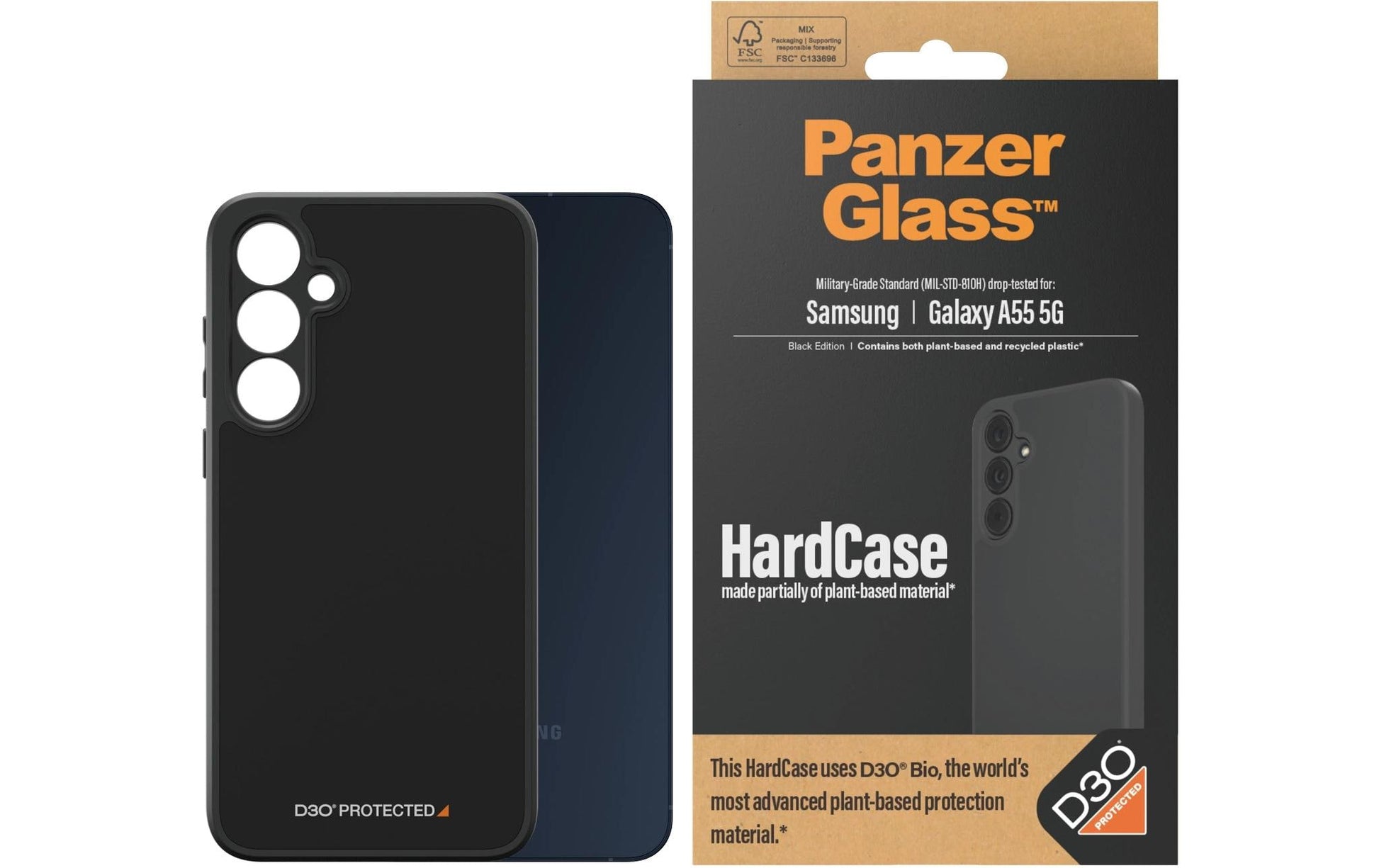 PanzerGlass Hardcase – Backcover – für Samsung Galaxy A55 5G, Gehärtetes Glas+PET+Silikon, Schwarz, D3O
