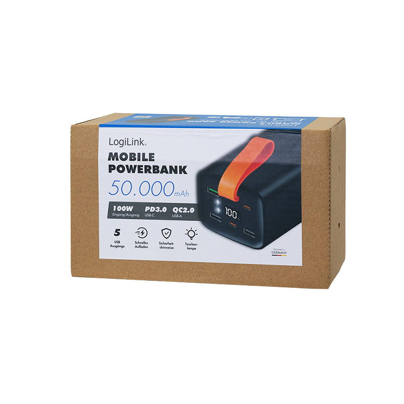 LogiLink Powerbank 50'000 mAh – 100 W PD, 2× USB-C, 3× USB-A, schwarz