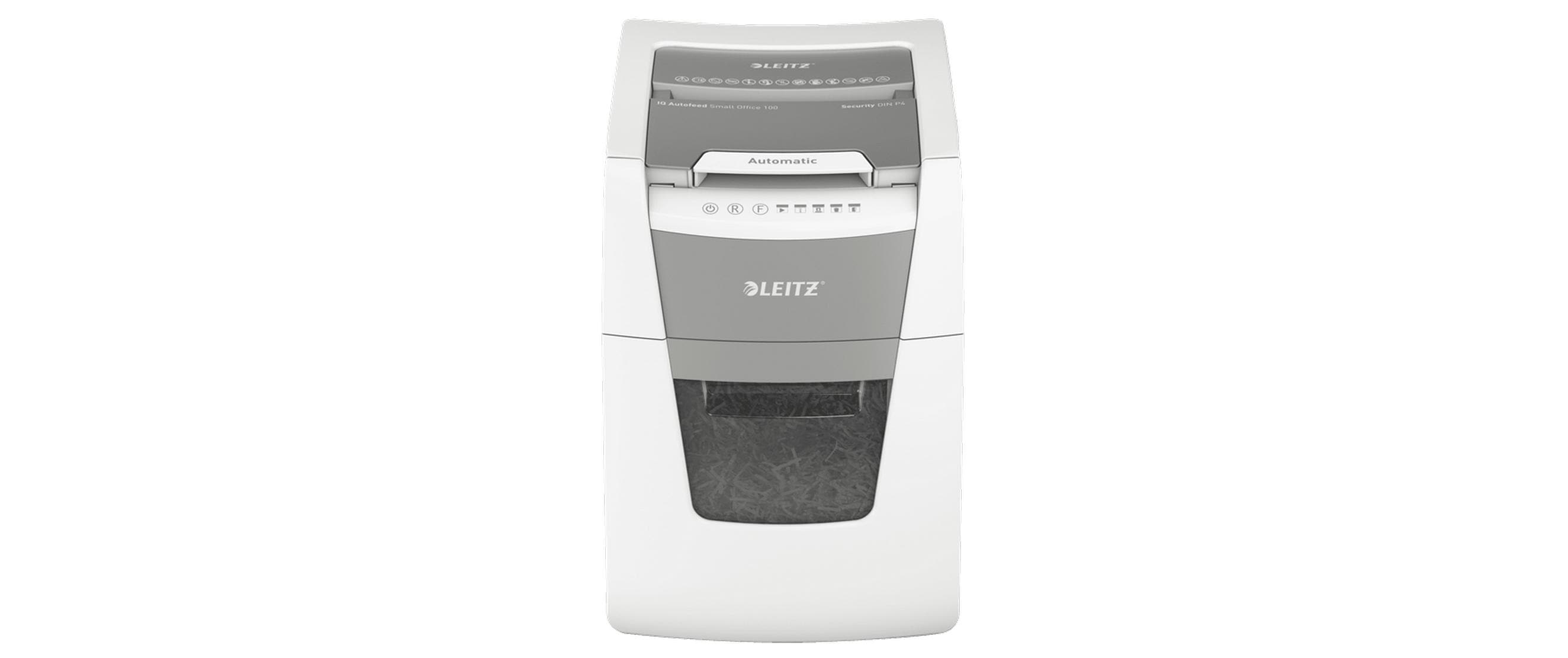 Leitz bürogeräte Leitz IQ Autofeed Office100 – Aktenvernichter mit Autofeed 100 Blatt, DIN P-4, Partikelschnitt 4 × 28 mm, 34 l