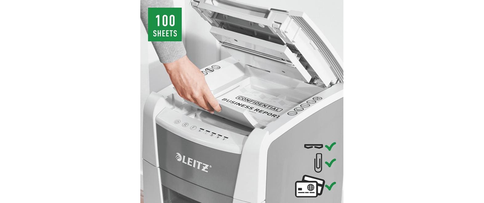 Leitz bürogeräte Leitz IQ Autofeed Office100 – Aktenvernichter mit Autofeed 100 Blatt, DIN P-4, Partikelschnitt 4 × 28 mm, 34 l