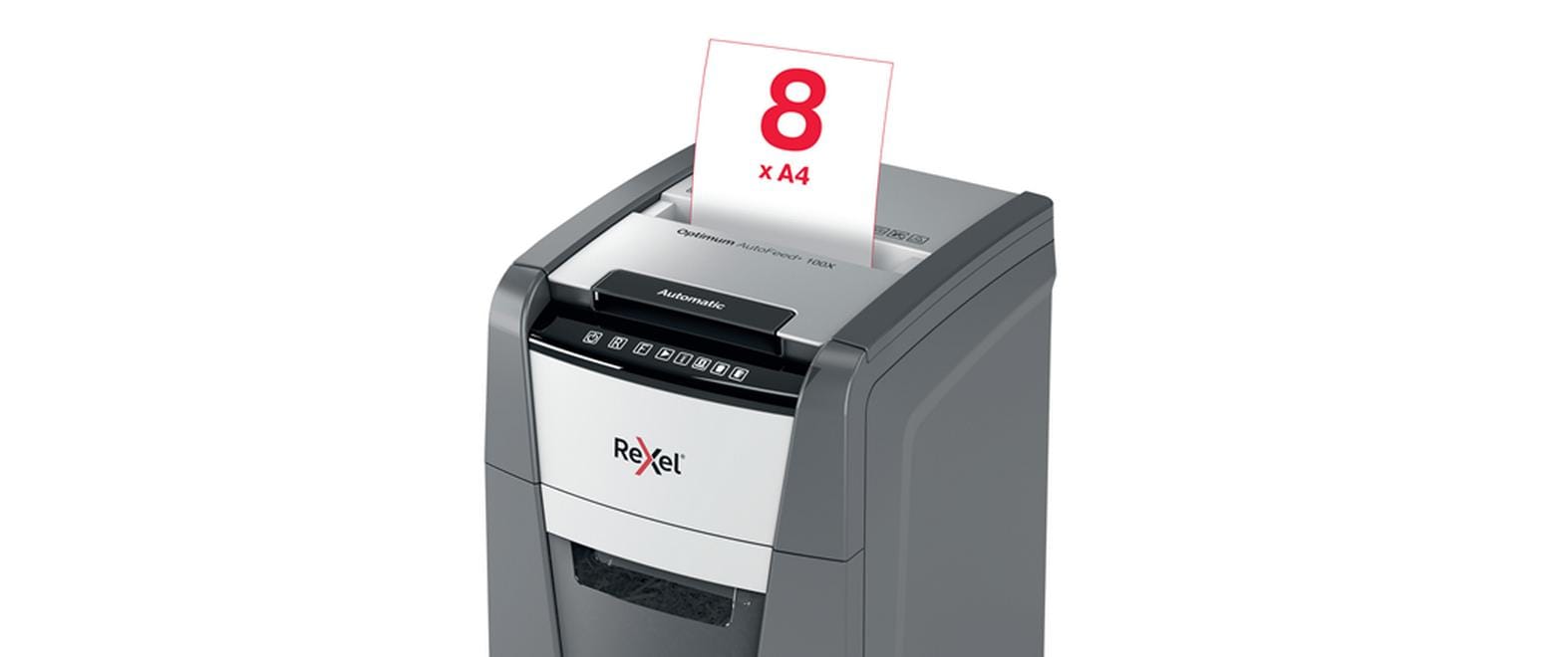 Rexel Optimum AutoFeed+ 100X – Aktenvernichter mit Autofeed 100 Blatt, DIN P-4, Partikelschnitt 4 × 28 mm, 34