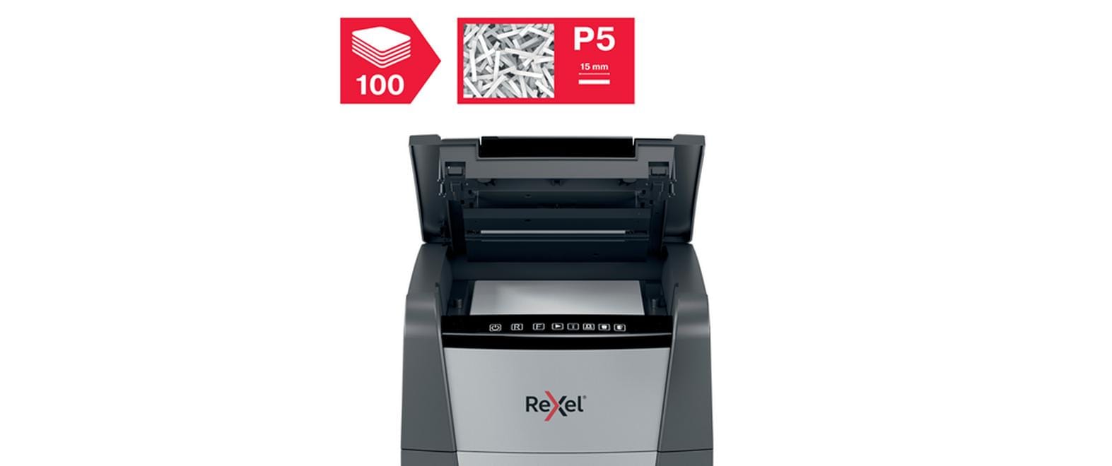 Rexel Optimum AutoFeed+ 100M – Aktenvernichter mit Autofeed 100 Blatt, DIN P-5, Mikroschnitt 2 × 15 mm, 34 l