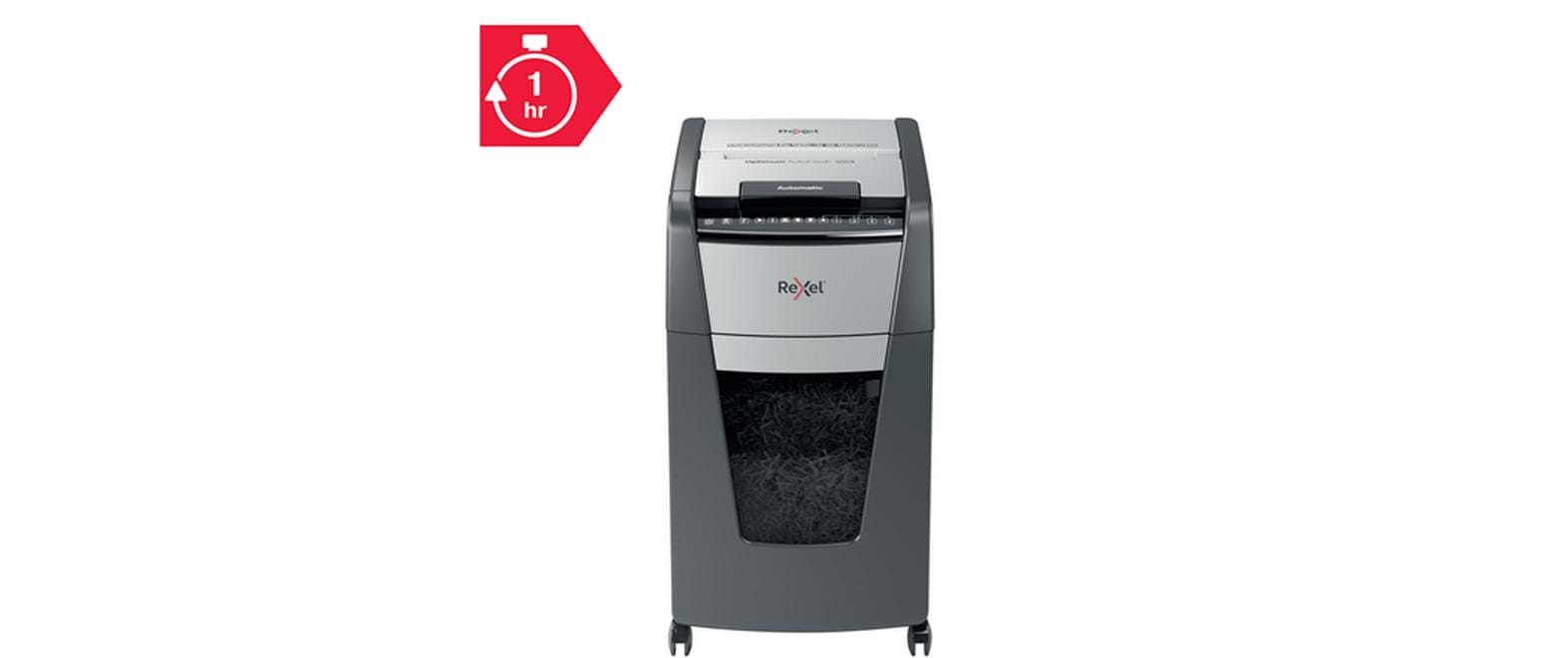 Rexel Optimum AutoFeed+ – Aktenvernichter mit Autofeed 300 Blatt, DIN P-4, Partikelschnitt 4 × 25 mm, 60 l