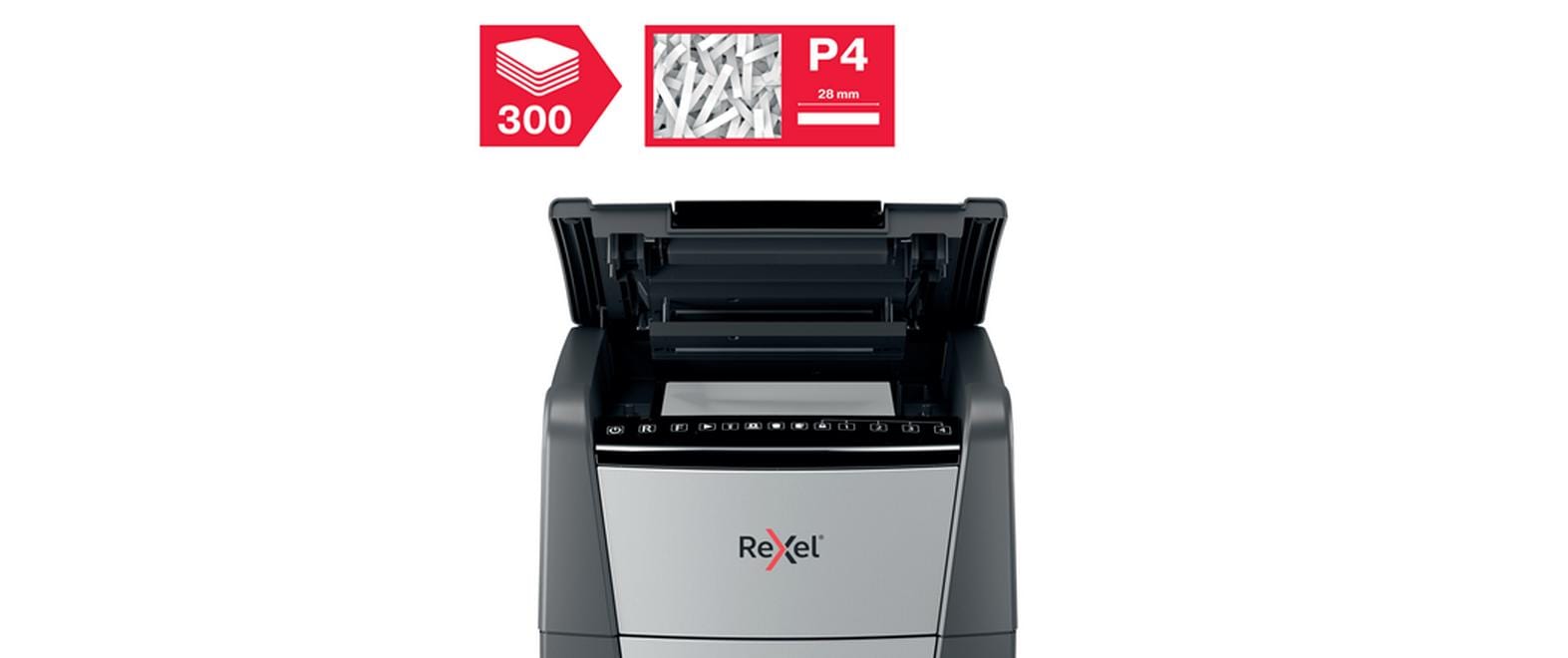 Rexel Optimum AutoFeed+ – Aktenvernichter mit Autofeed 300 Blatt, DIN P-4, Partikelschnitt 4 × 25 mm, 60 l