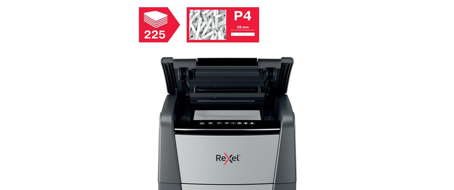 Rexel Optimum AutoFeed+ 225X – Aktenvernichter mit Autofeed 225 Blatt, DIN P-4, Partikelschnitt 4 × 25 mm, 60