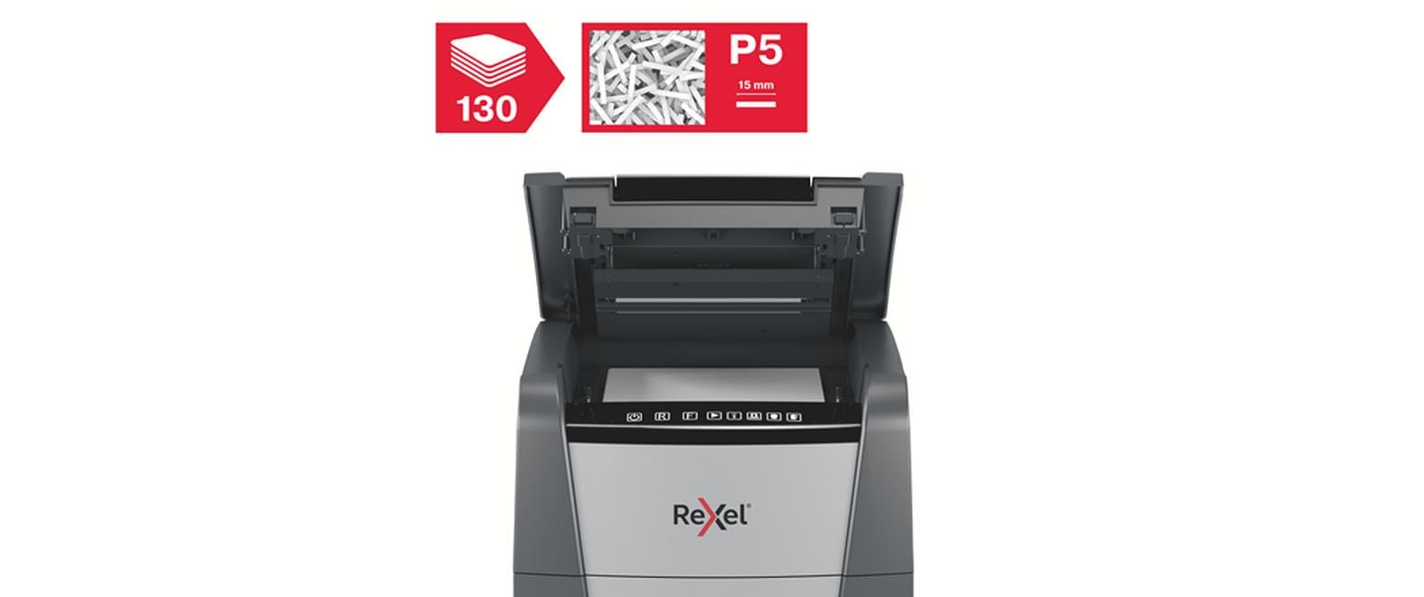 Rexel Optimum AutoFeed+ 130M – Aktenvernichter mit Autofeed 130 Blatt, DIN P-5, Mikroschnitt 2 × 15 mm, 6 Blatt