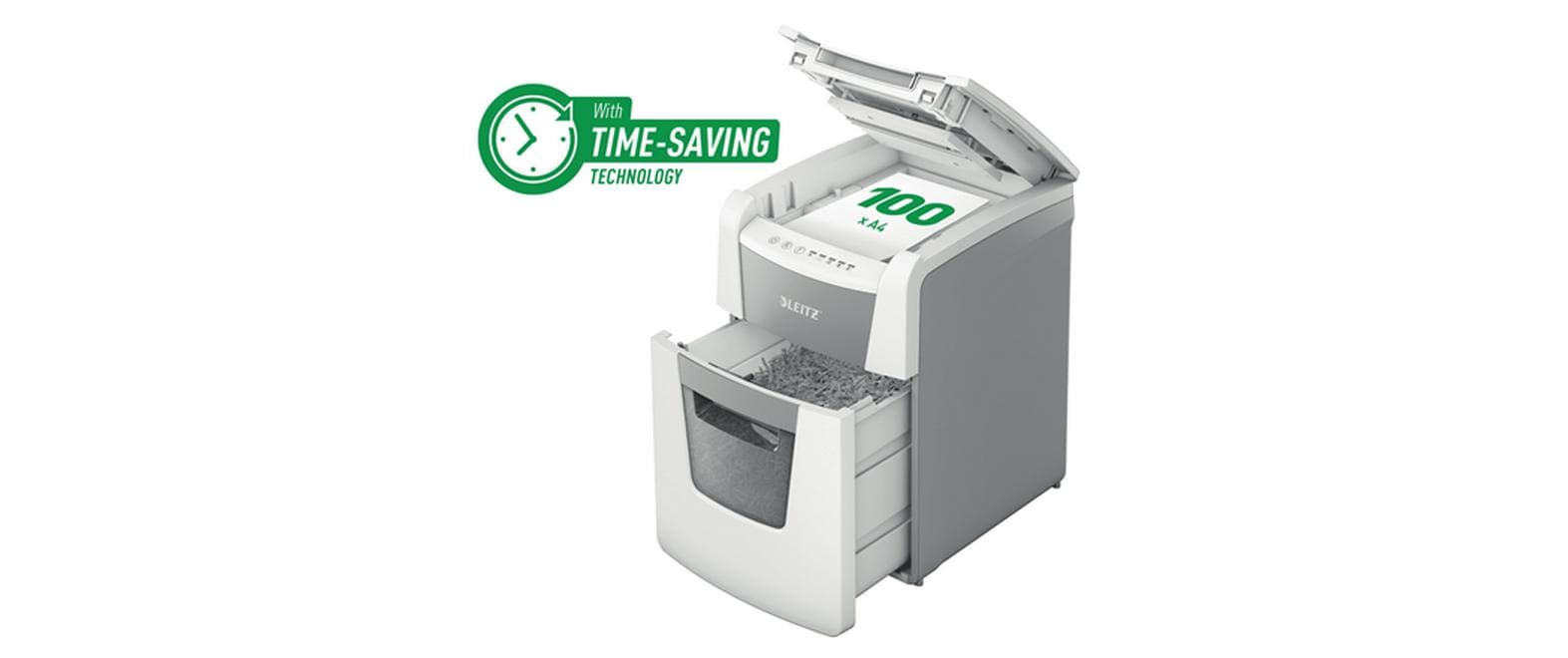 Leitz bürogeräte Leitz IQ Autofeed Office100 – Aktenvernichter mit Autofeed 100 Blatt, DIN P-4, Partikelschnitt 4 × 28 mm, 34 l