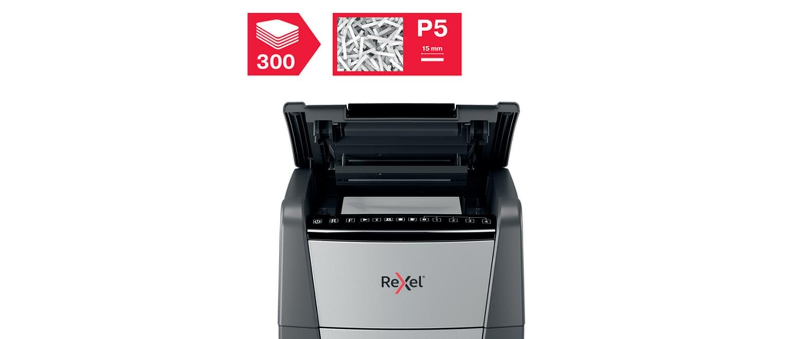 Rexel Optimum AutoFeed+ 300M – Aktenvernichter mit Autofeed 300 Blatt, DIN P-5, Mikroschnitt 2 × 15 mm, 60 l
