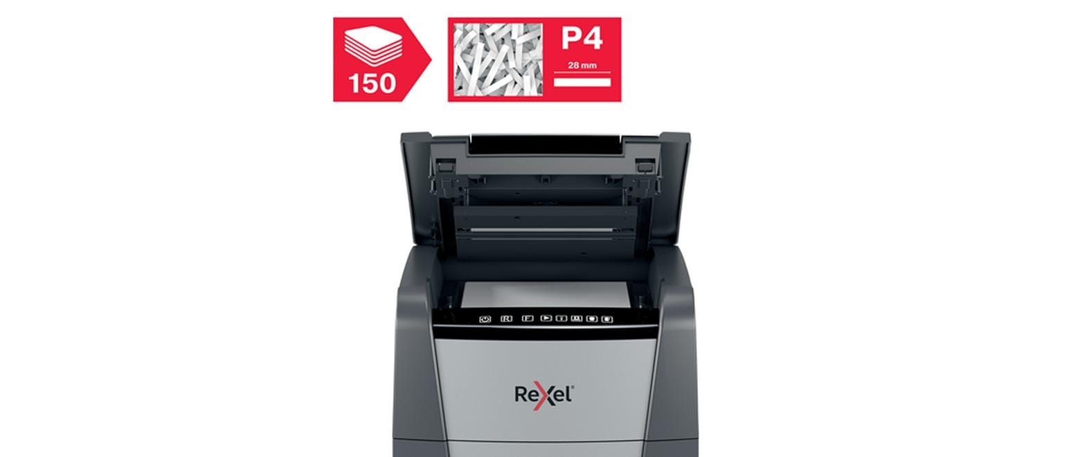 Rexel Optimum AutoFeed+ 150X – Aktenvernichter mit Autofeed 150 Blatt, DIN P-4, Partikelschnitt 4 × 28 mm, 44