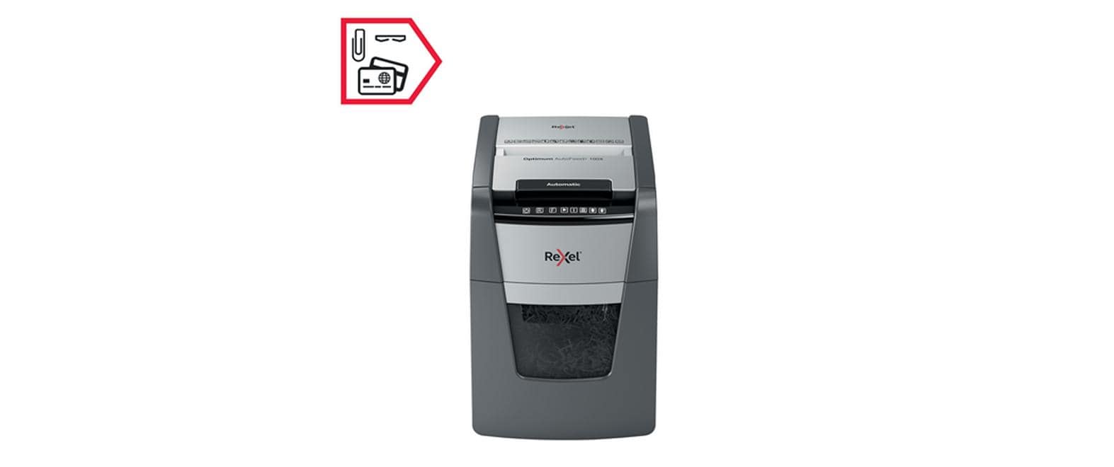 Rexel Optimum AutoFeed+ 100X – Aktenvernichter mit Autofeed 100 Blatt, DIN P-4, Partikelschnitt 4 × 28 mm, 34