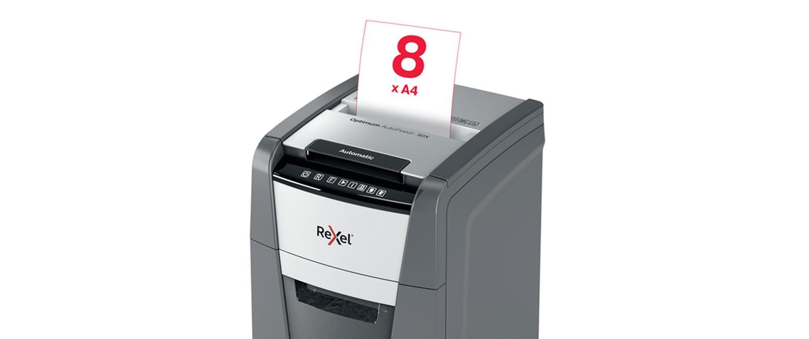 Rexel Optimum AutoFeed+ 90X – Aktenvernichter mit Autofeed 90 Blatt, DIN P-4, Partikelschnitt 4 × 28 mm, 34 l