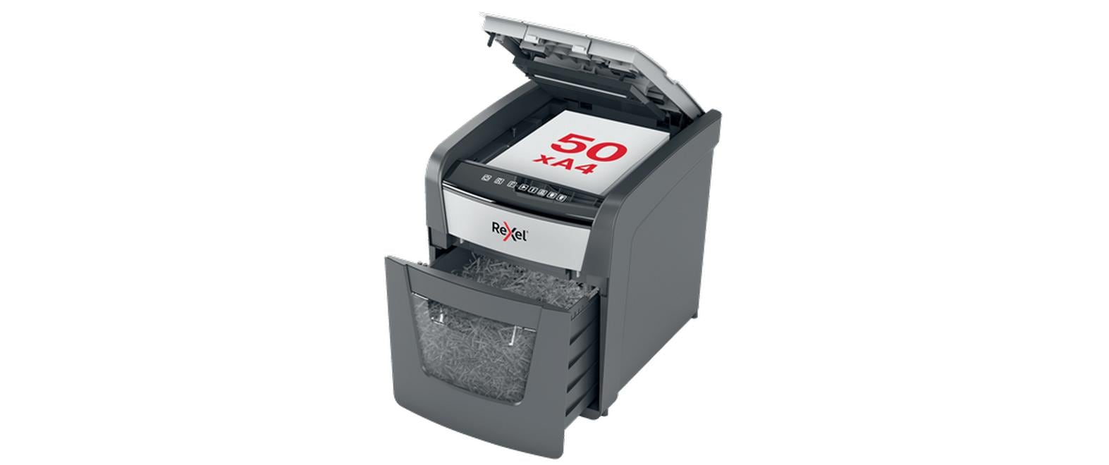 Rexel Optimum AutoFeed+ 50X – Aktenvernichter mit Autofeed 50 Blatt, DIN P-4, Partikelschnitt 4 × 28 mm, 20 l