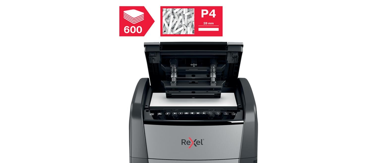 Rexel Optimum AutoFeed+ 600X – Aktenvernichter mit Autofeed 600 Blatt, DIN P-4, Partikelschnitt 4 × 36 mm, 15