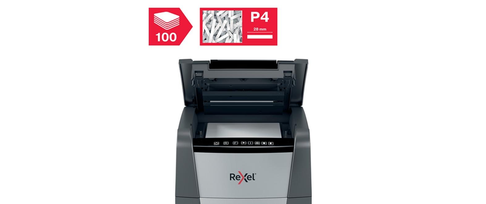 Rexel Optimum AutoFeed+ 100X – Aktenvernichter mit Autofeed 100 Blatt, DIN P-4, Partikelschnitt 4 × 28 mm, 34