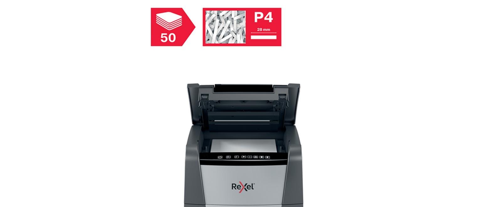 Rexel Optimum AutoFeed+ 50X – Aktenvernichter mit Autofeed 50 Blatt, DIN P-4, Partikelschnitt 4 × 28 mm, 20 l