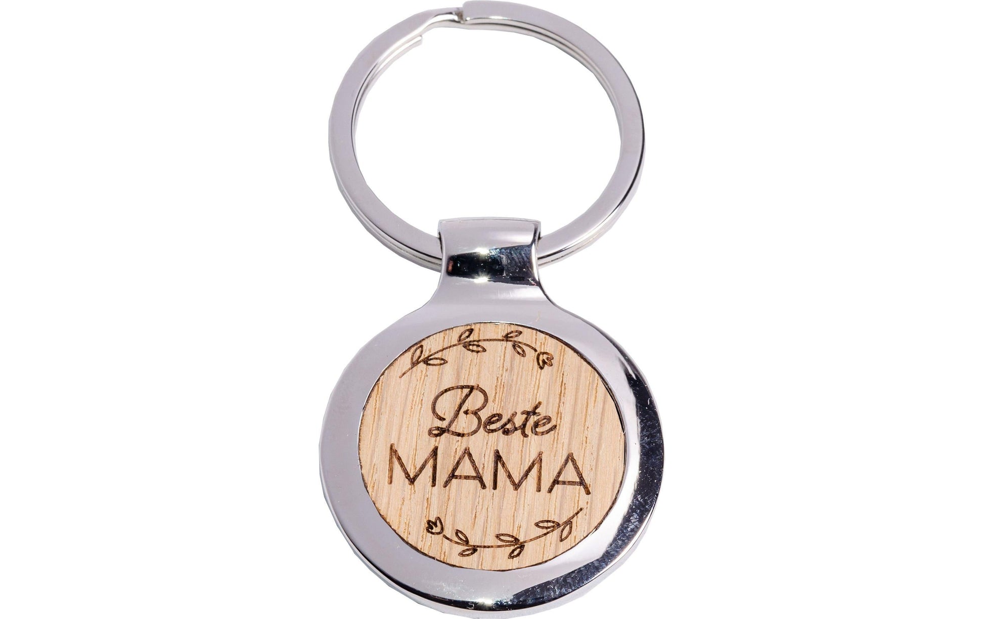 ROOST Schlüsselanhänger Beste Mama – rund, nickelfrei, Echtholz/Chrom, 35 × 35 mm