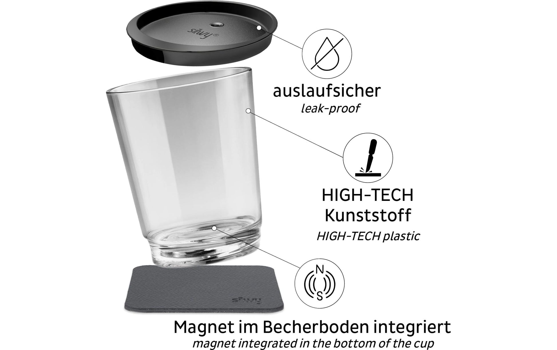 Silwy Trinkbecher S025-1501-1 – 250 ml, Ø 8,2 cm, Kunststoff, Transparent, mit Deckel, BPA-frei
